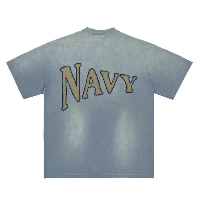 Navy Academy Washed Distressed Drop Shoulder Crew Neck T-Shirt