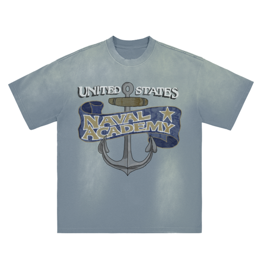 Navy Academy Washed Distressed Drop Shoulder Crew Neck T-Shirt