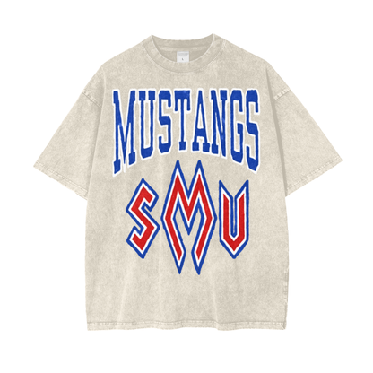 SMU Mustangs Acid Wash Oversize T-Shirt - 250 GSM