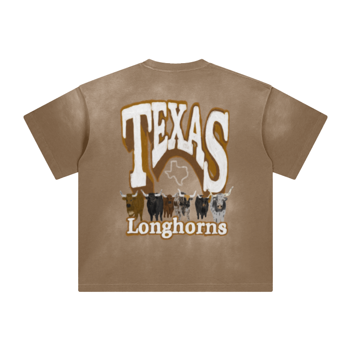 Texas Longhorns Monkey Washed All-Over Drop Shoulder T-Shirt - 250 GSM