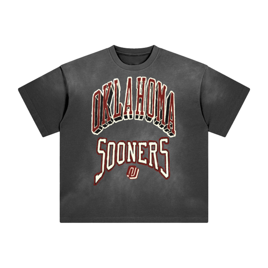 Oklahoma Sooners Monkey Washed All-Over Drop Shoulder T-Shirt - 250 GSM